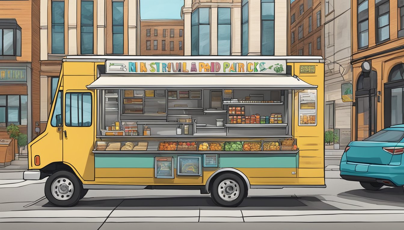 A food truck parked on a city street, surrounded by signage displaying the regulatory framework and laws for operating in St. Paul, Minnesota