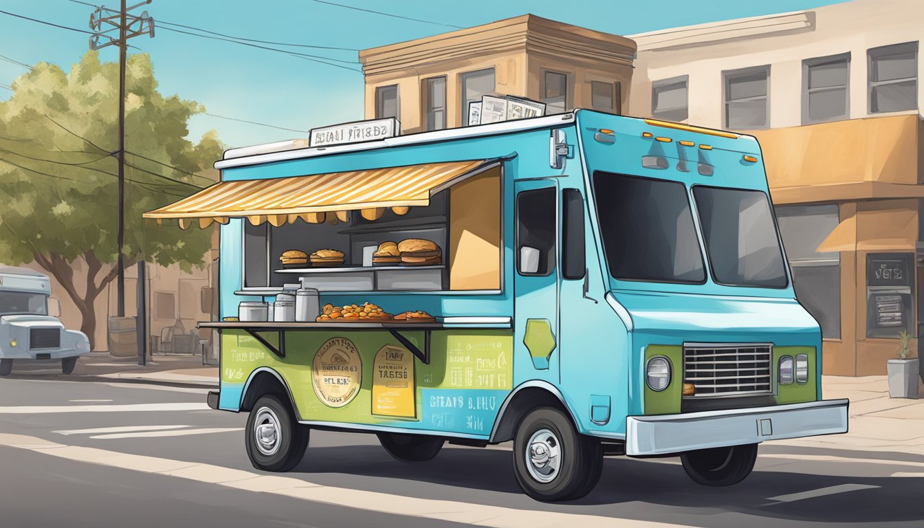 A food truck parked in El Paso, Texas, with a city ordinance sign and a stack of legal and financial documents on a table