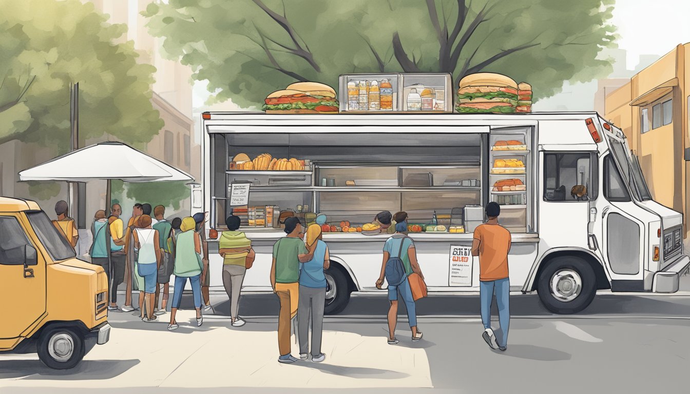 A food truck parked on a bustling street in Irving, Texas, with a line of customers waiting to order. The truck displays the required permits and licenses for operating in the city