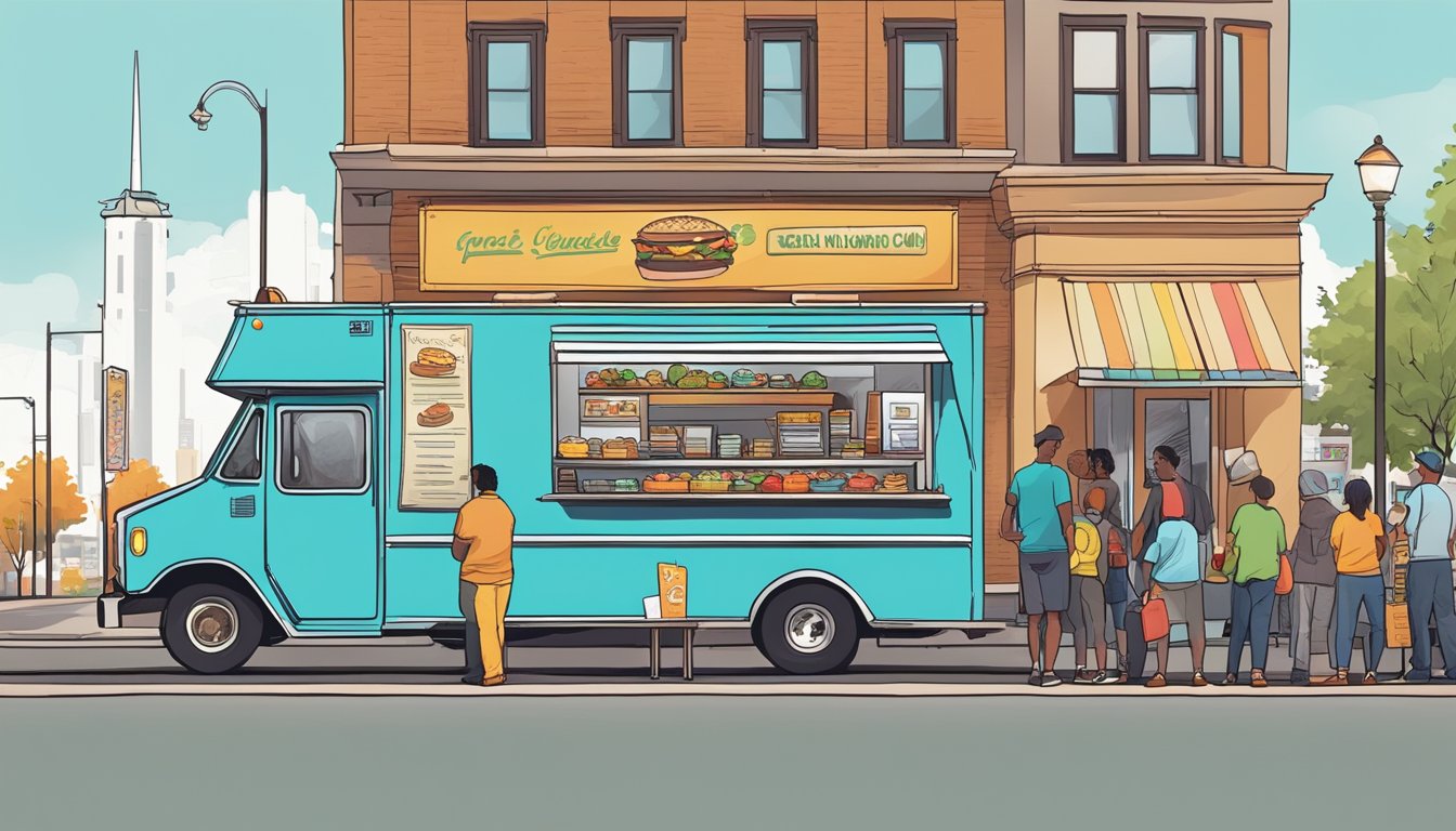 A food truck parked on a bustling street in St. Paul, Minnesota, with a line of customers waiting to order. The truck is adorned with colorful signage and a menu board