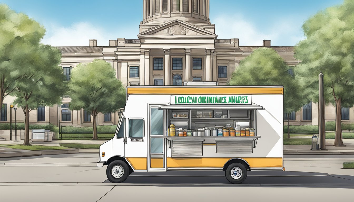 A food truck parked in front of a city hall building, with a sign displaying "Local Ordinances and Regulations" in Irving, Texas