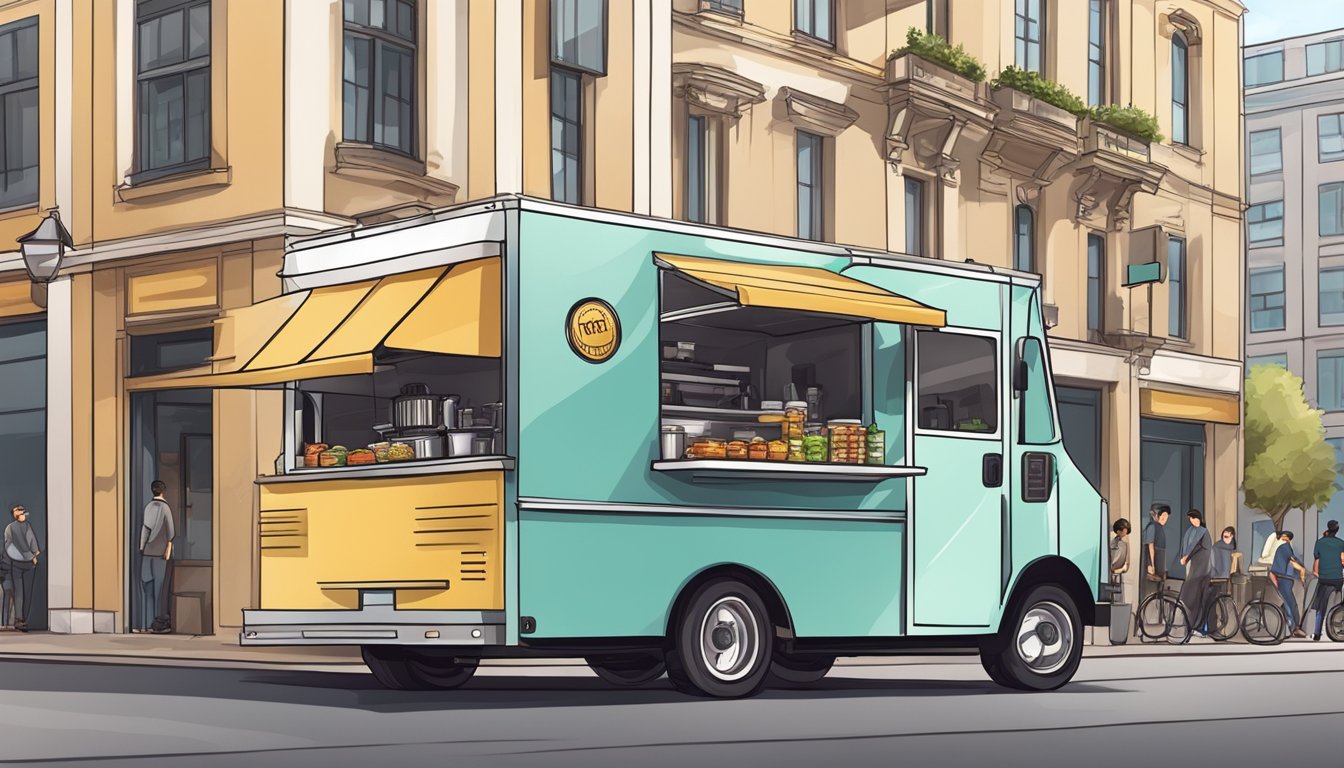 A food truck parked on a city street, surrounded by customers and complying with operational standards