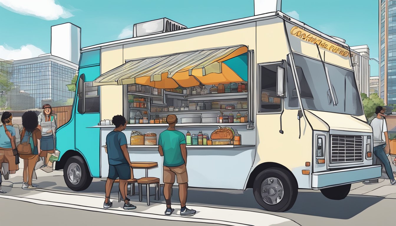 A food truck parked on a city street, surrounded by customers and complying with local food truck laws in Irving, Texas