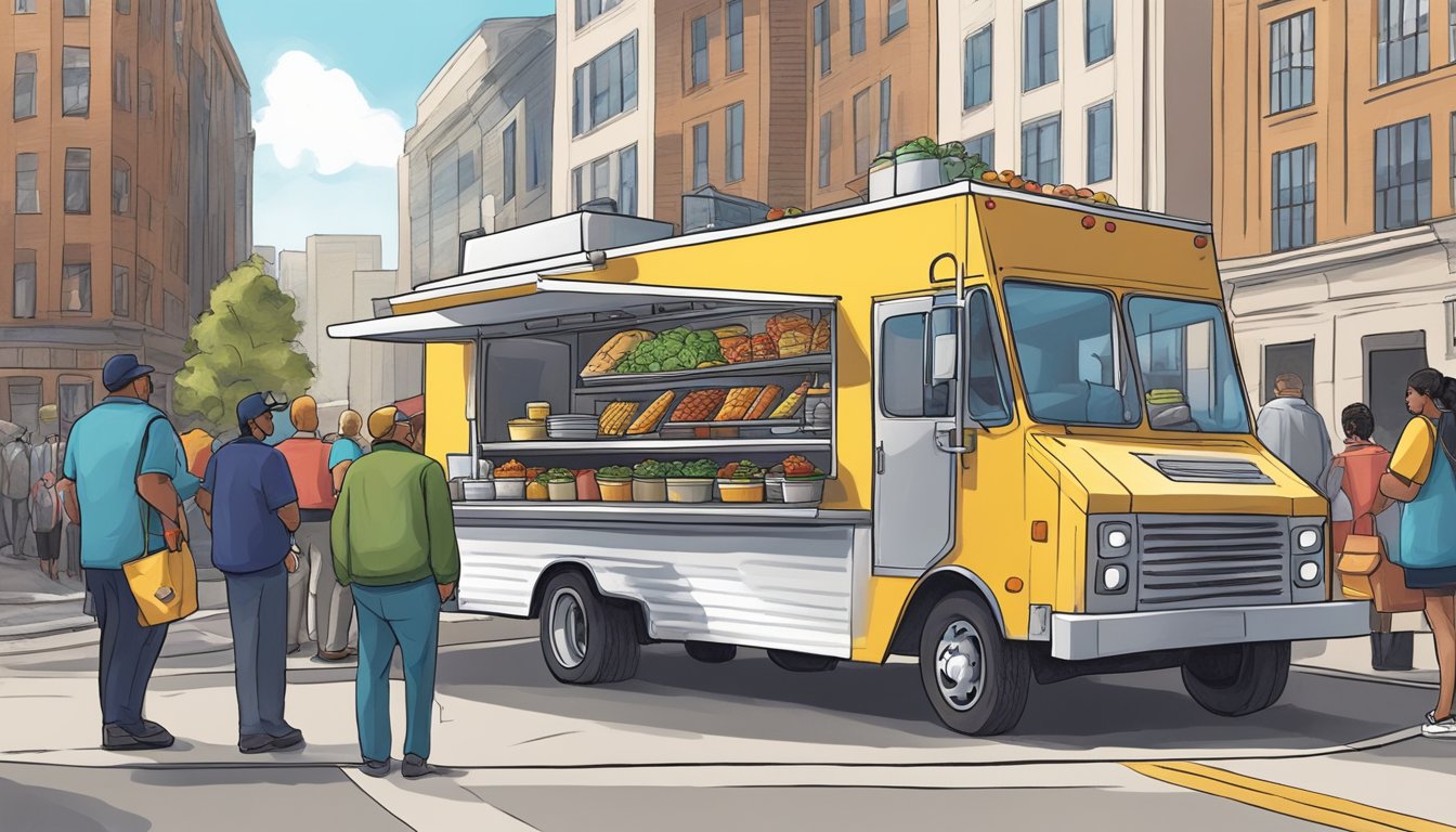 A food truck parked on a city street, surrounded by city inspectors checking for compliance with St. Paul, Minnesota's food truck laws