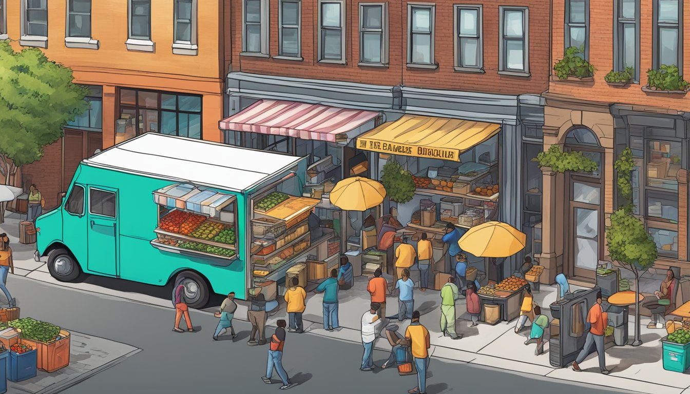 A food truck parked on a bustling street in St. Paul, Minnesota, with vendors unloading fresh produce and supplies from a delivery truck