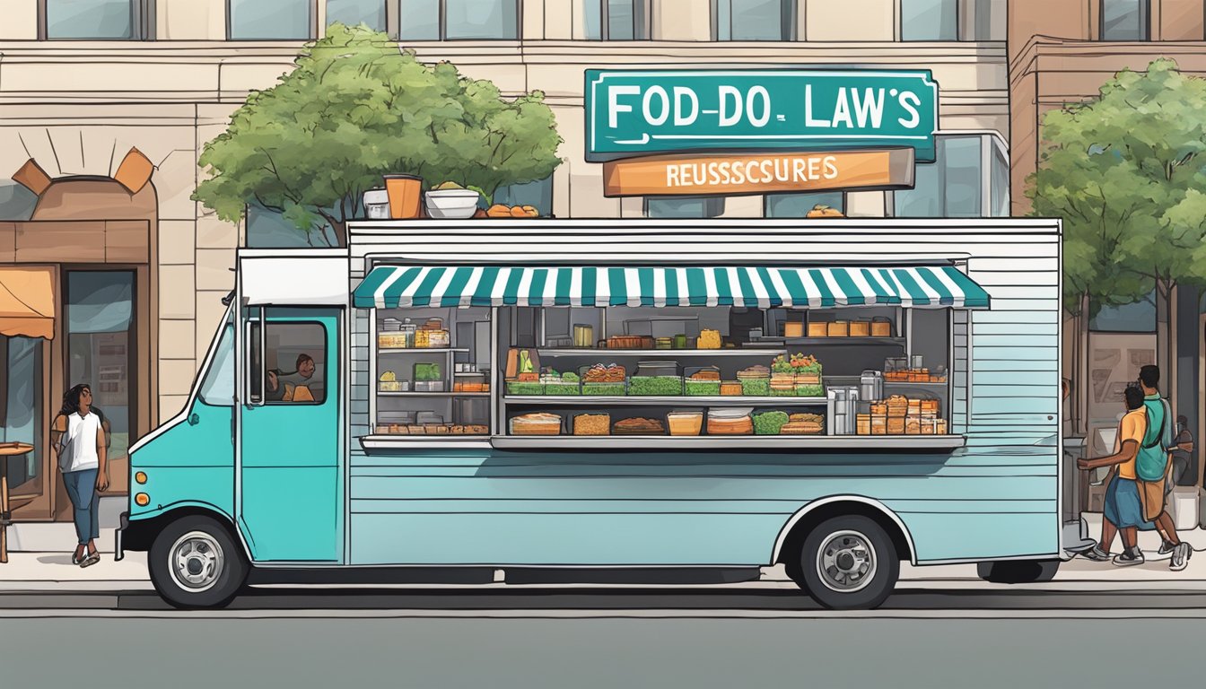 A food truck parked in a bustling city street, with a line of customers waiting to order. A sign displays "Resources and Assistance food truck laws irving texas."