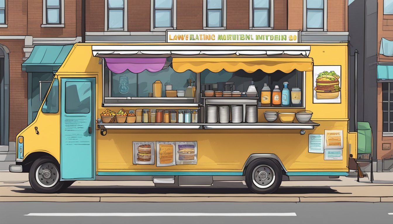 A food truck parked near a city street, displaying signs with equipment and material standards required by St. Paul, Minnesota laws