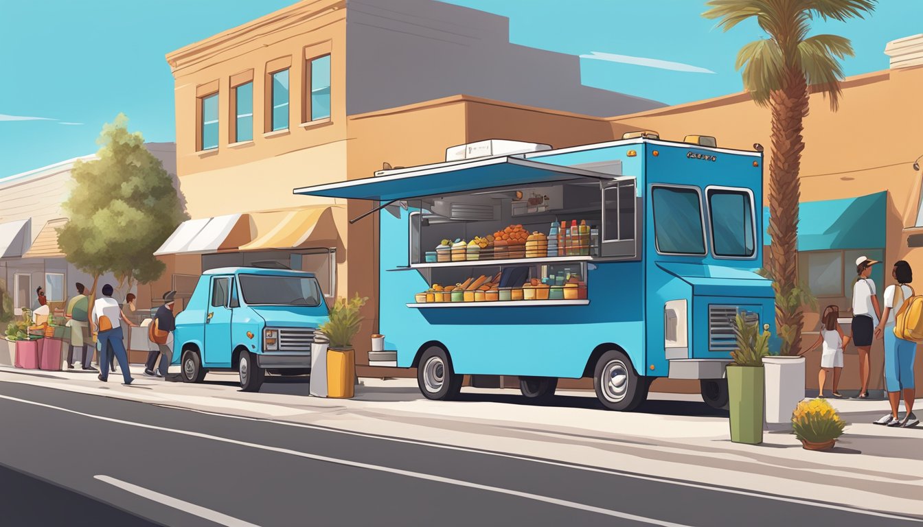 A food truck parked on a bustling street in Glendale, Arizona, with a line of customers waiting to order. The sun shines brightly in the clear blue sky