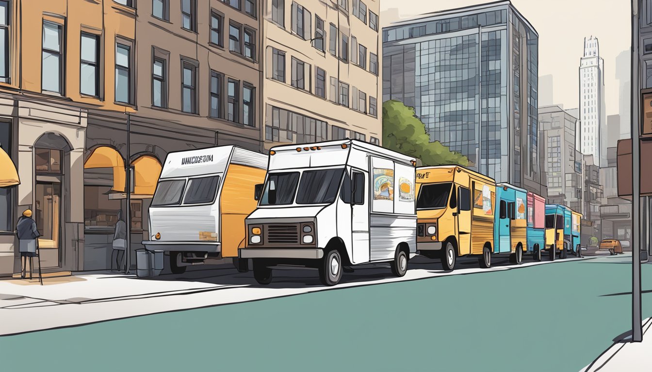 A row of food trucks parked on a city street, with signs displaying "Operational Guidelines for Food Trucks" and "food truck laws chicago illinois" prominently