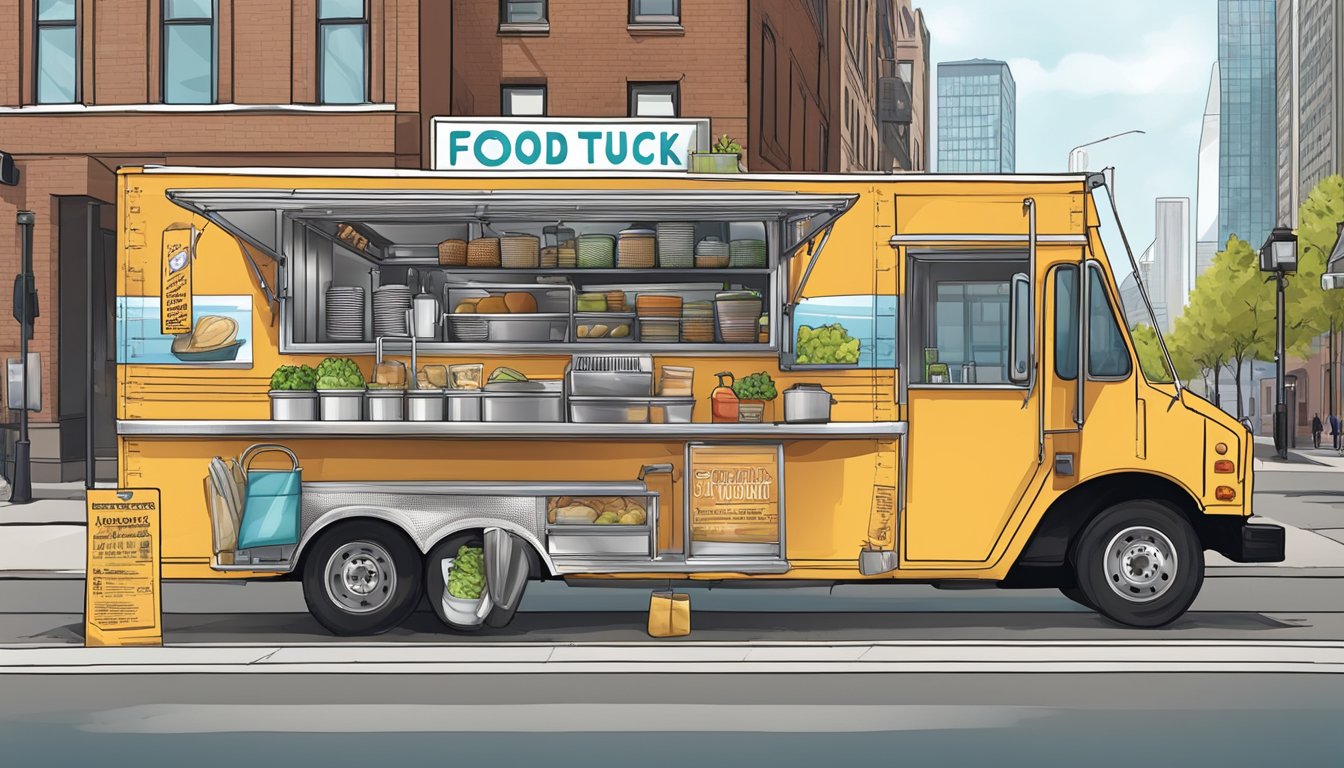 A food truck parked in Chicago, Illinois, displays safety equipment and follows local laws