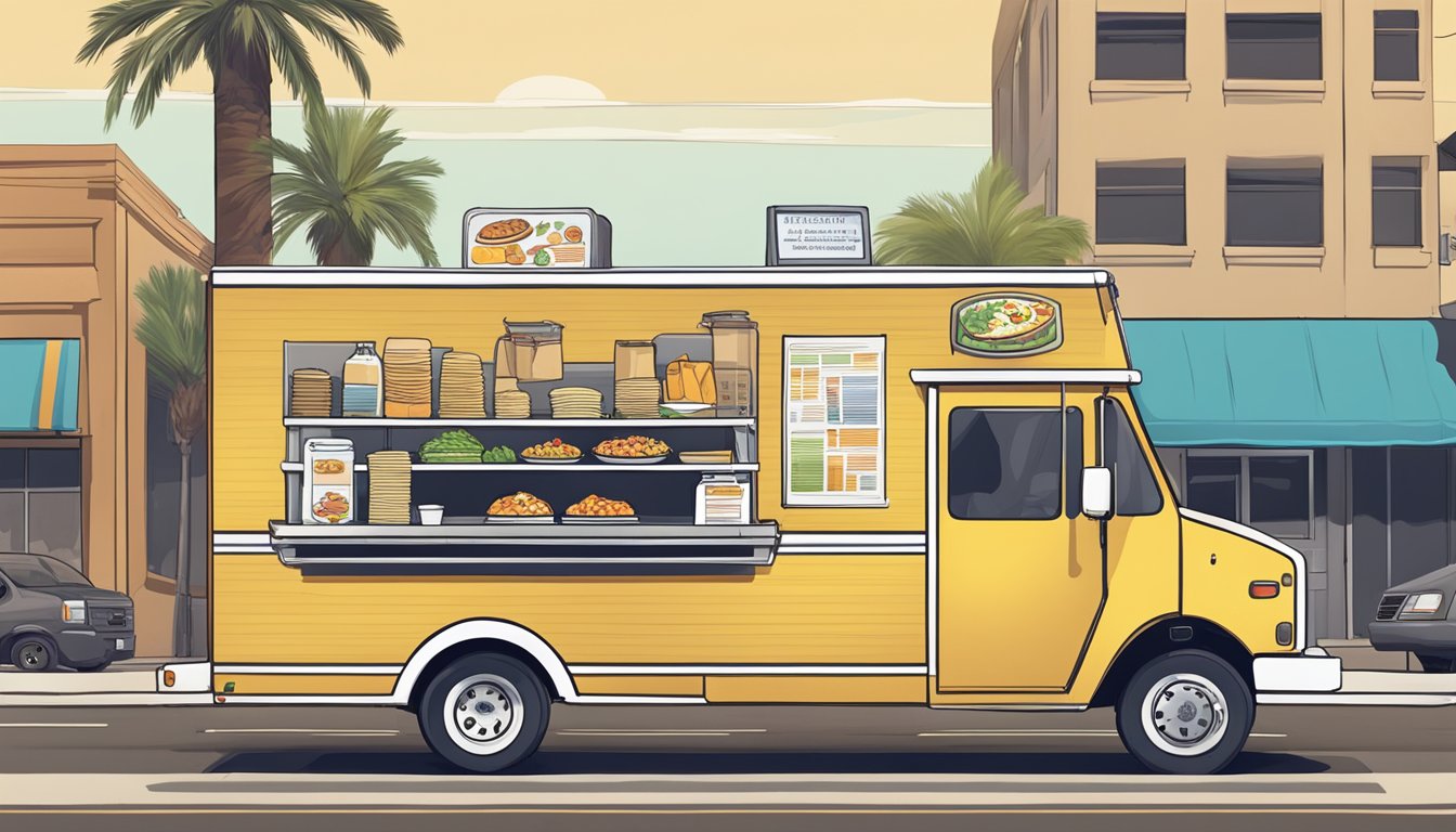 A food truck parked on a busy street in Glendale, Arizona, with a sign displaying insurance and liability information