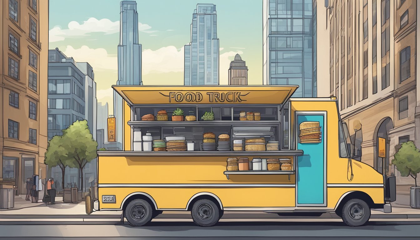 A food truck parked on a city street, surrounded by a mix of modern skyscrapers and historic buildings. A sign on the truck displays the name and menu, while customers line up to order