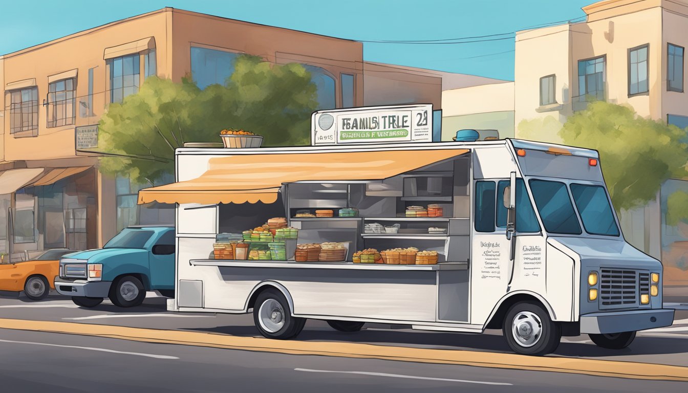 A food truck parked on a bustling street in Glendale, Arizona, with city regulations and signs posted nearby