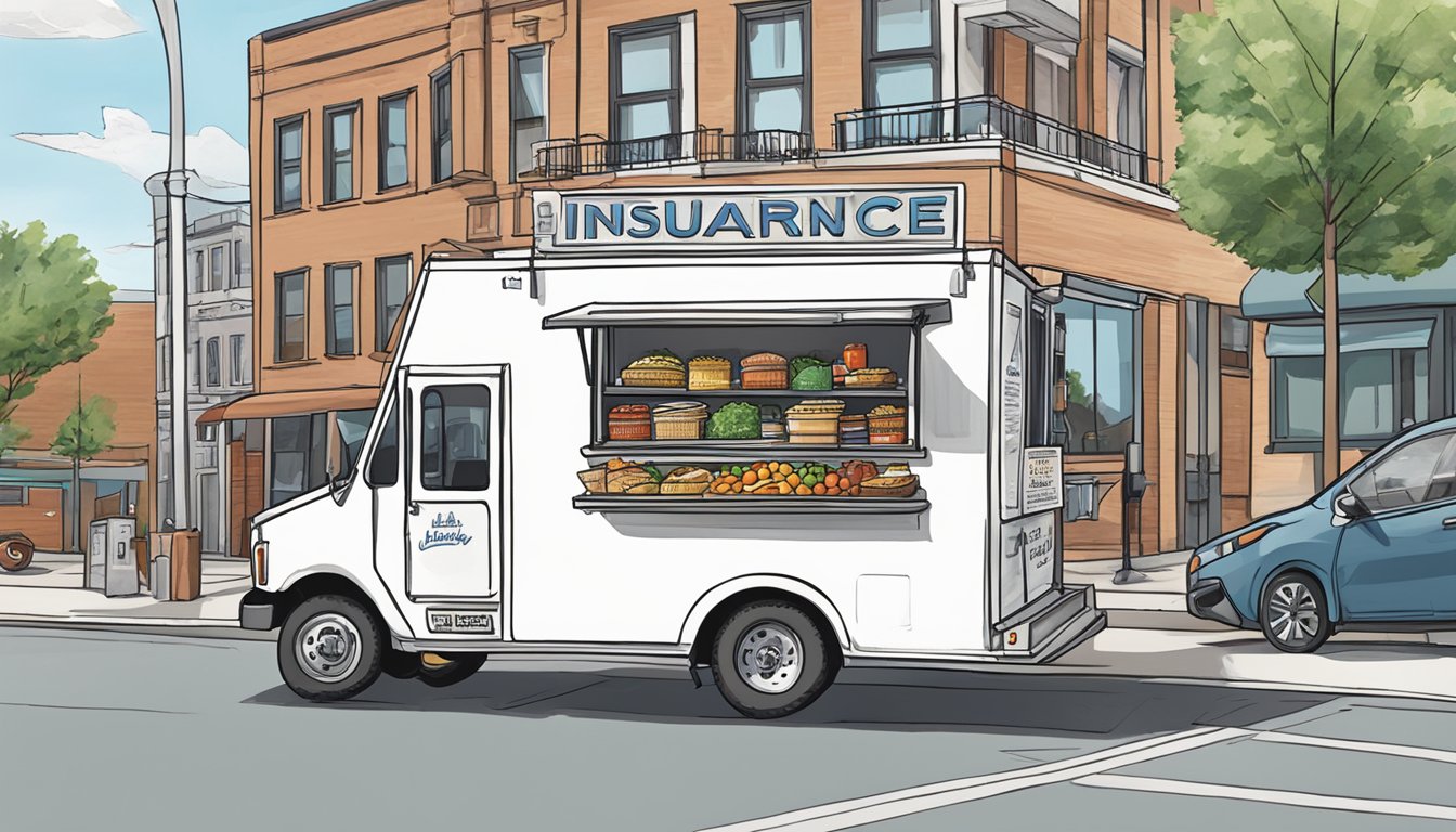 A food truck parked on a city street, with a sign displaying "Insurance and Liability" laws in Toledo, Ohio