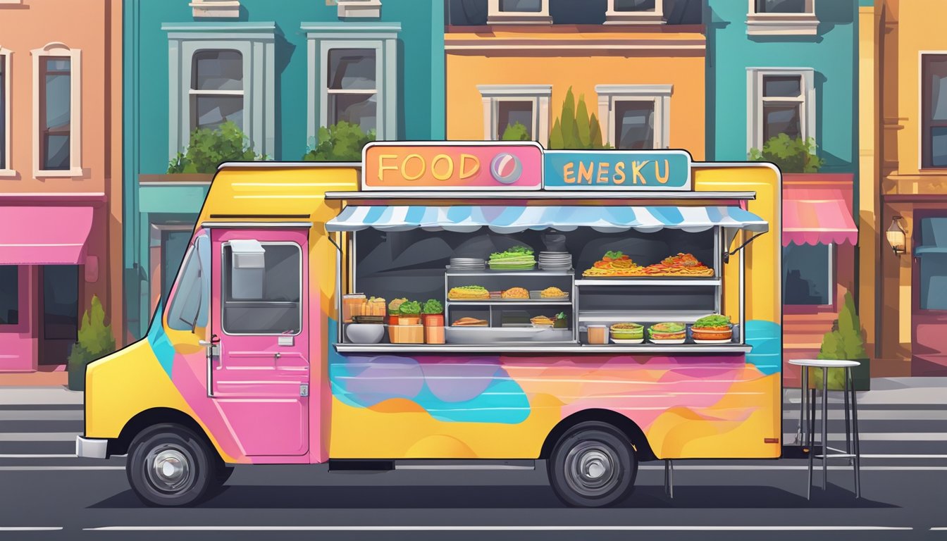 A food truck parked on a busy street, with a colorful and eye-catching design. It is equipped with a serving window, cooking equipment, and a menu board