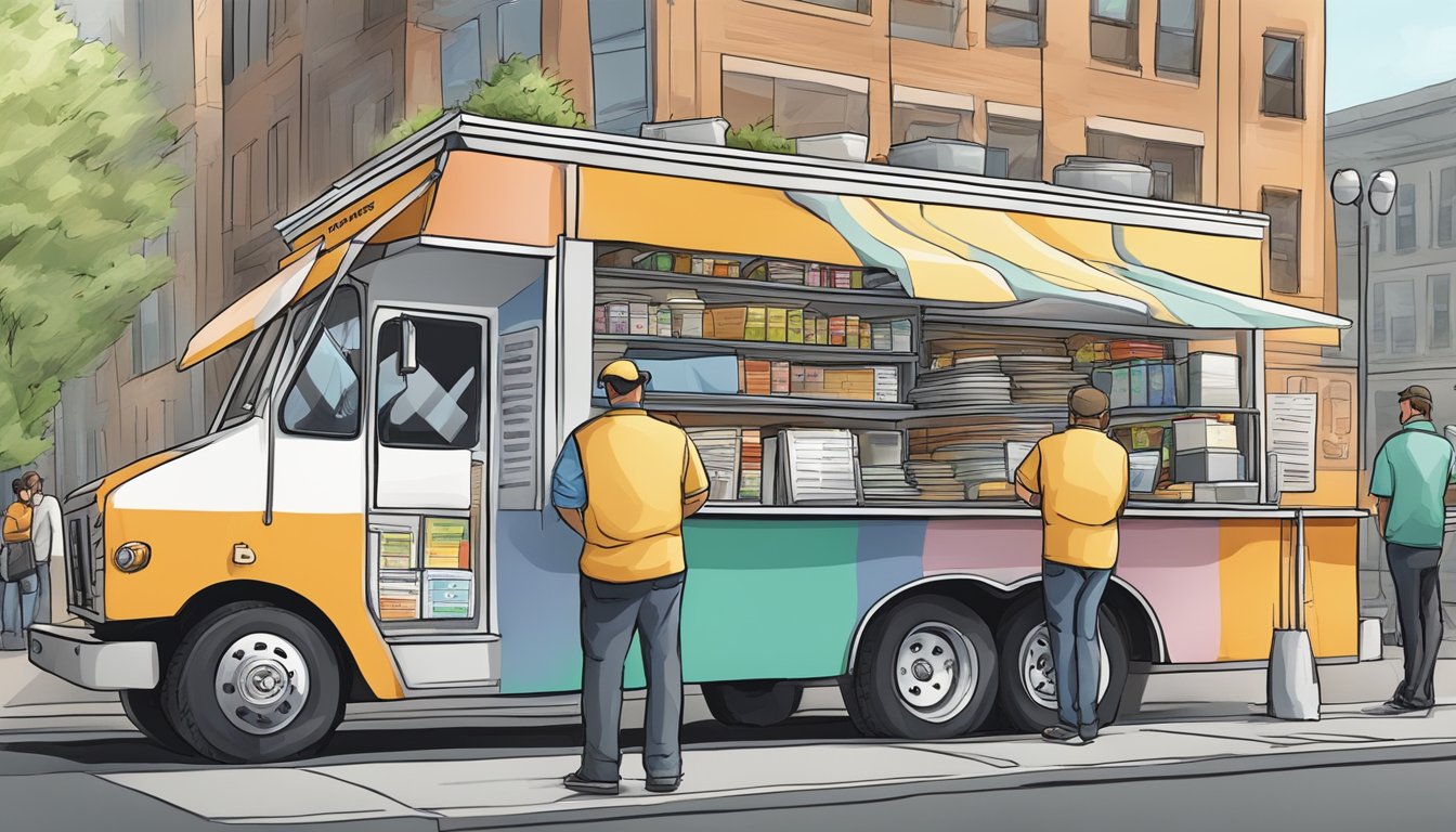 A food truck parked on a busy street in Toledo, Ohio, with a city official inspecting its financial and taxation records