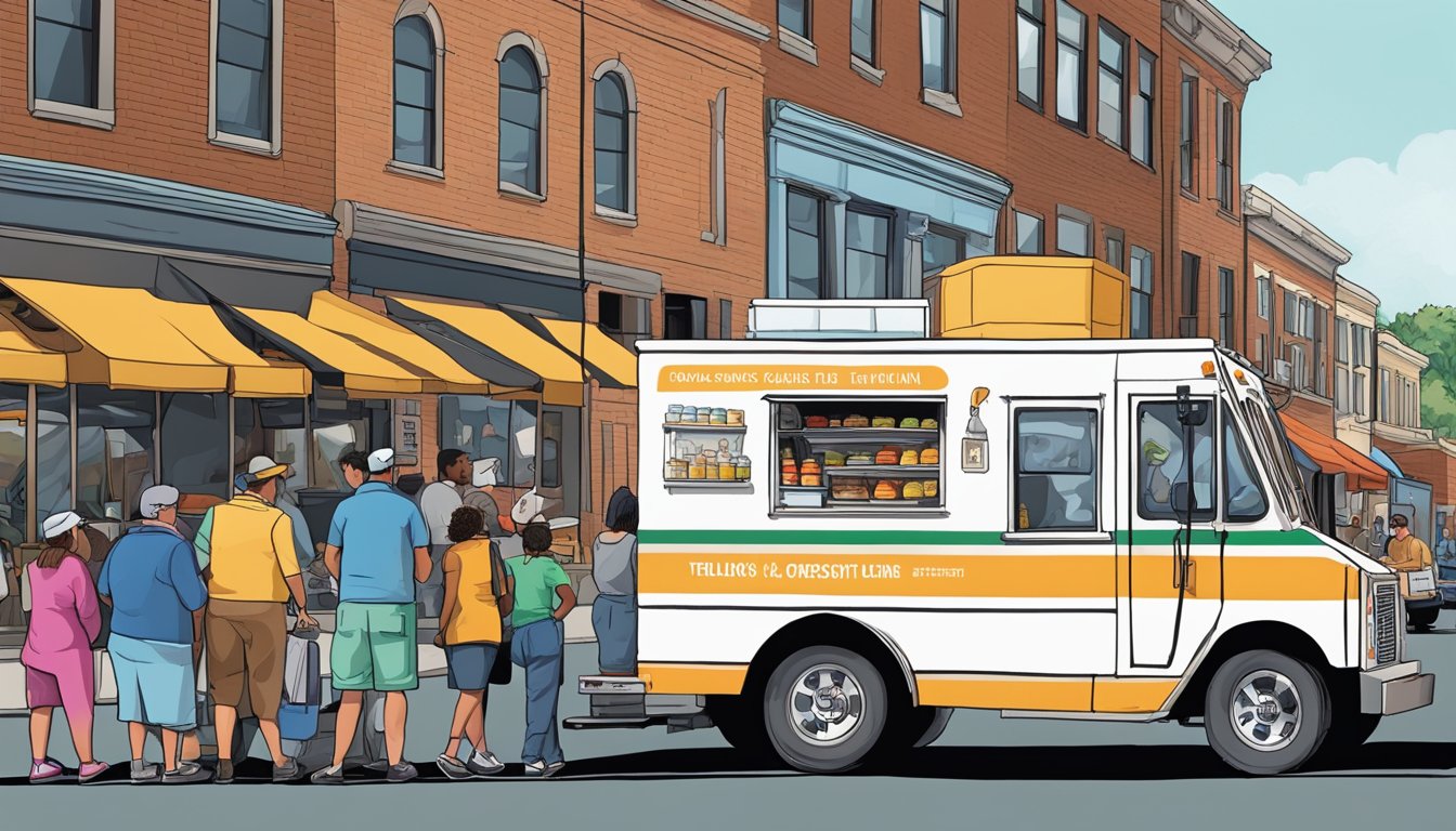 A food truck parked on a busy street in Toledo, Ohio, with customers lined up and a city inspector checking the truck's compliance with operational logistics laws