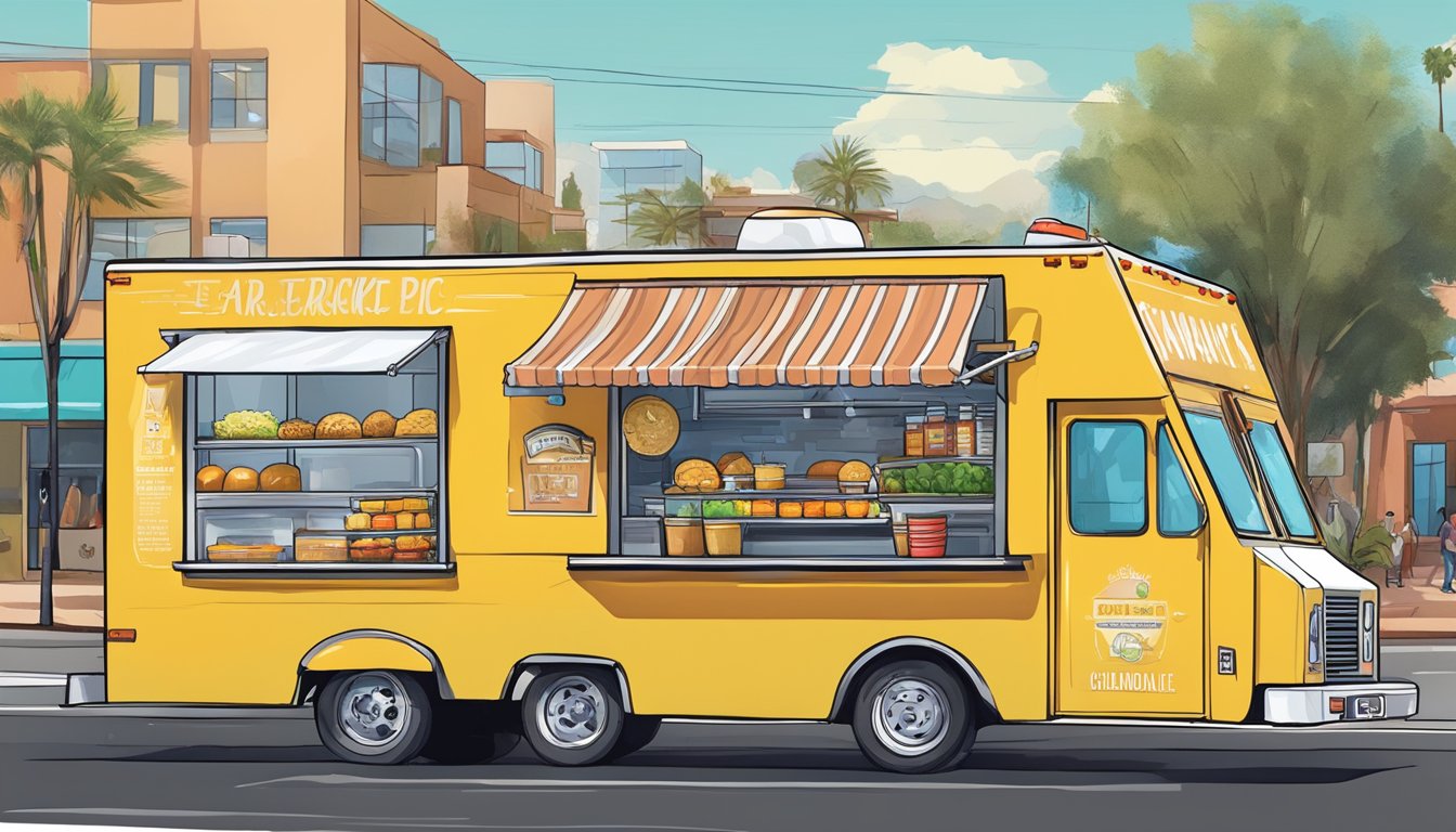 A food truck parked on a busy street in Glendale, Arizona, with a vibrant digital presence and marketing materials displayed