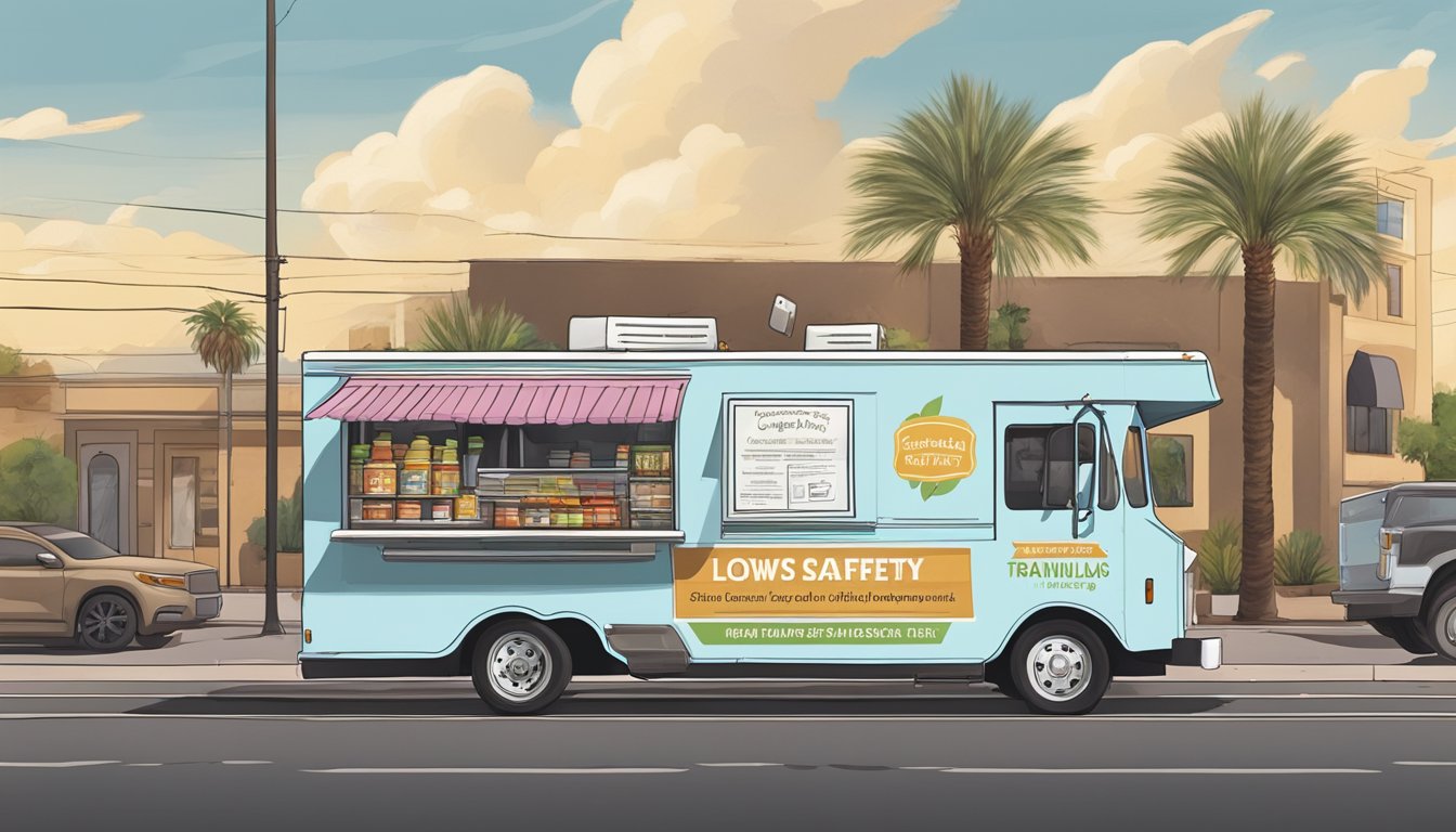 A food truck parked at a bustling street corner in Glendale, Arizona, with a sign promoting ongoing training and development for food safety laws