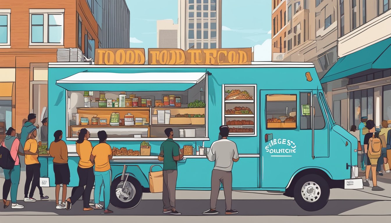 A food truck parked on a bustling street in Denver, Colorado, with a line of customers waiting to order. Surrounding signs display local food truck laws