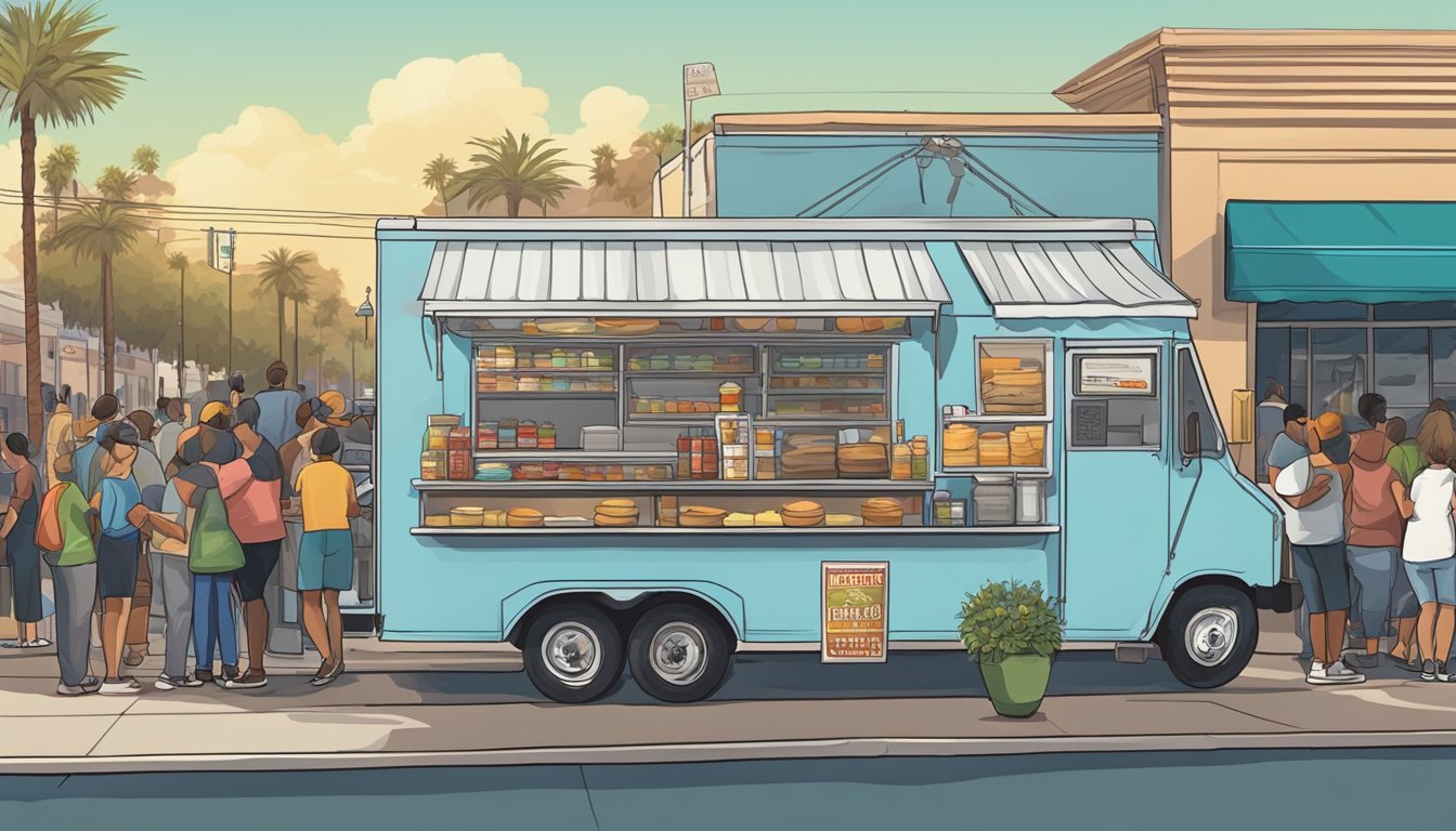 A food truck parked on a bustling street in Oxnard, California, with a line of customers waiting to order. The truck displays required permits and follows local laws