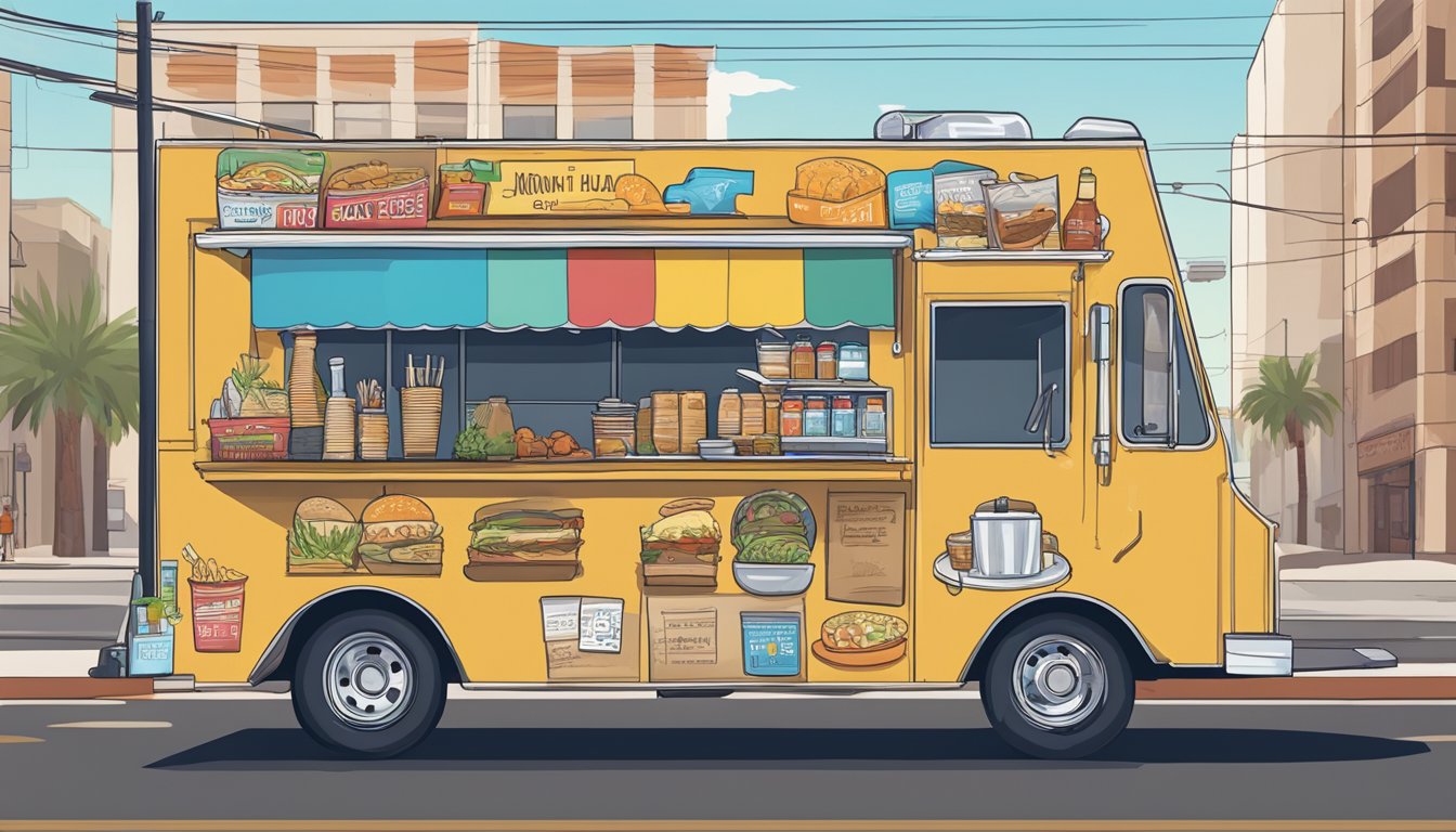 A food truck parked on a city street, surrounded by signage displaying North Las Vegas, Nevada food truck laws