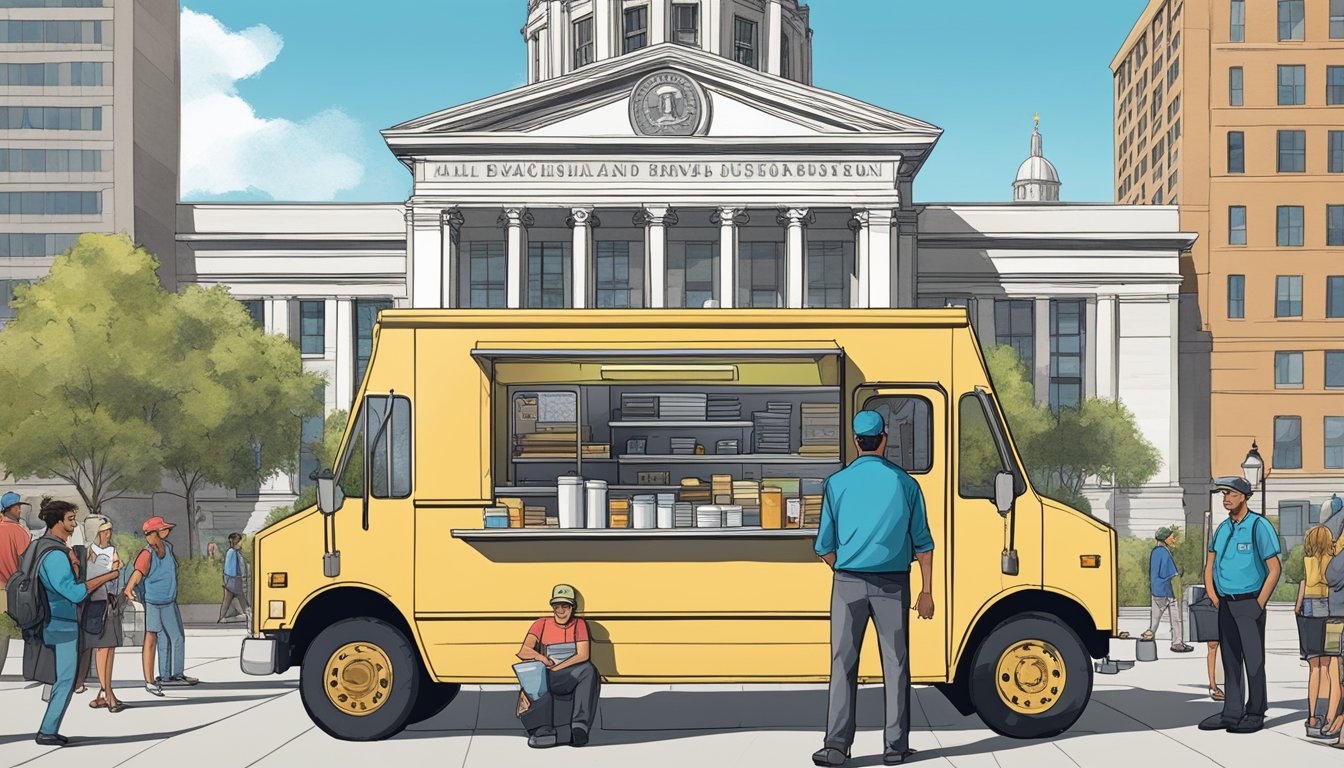 A food truck operator in Denver, Colorado, stands in front of city hall, surrounded by paperwork and officials, obtaining licensing and permits