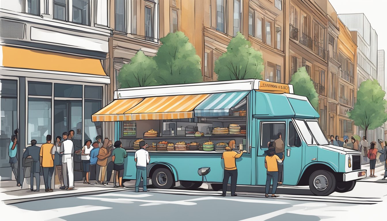 A food truck parked in a bustling street, surrounded by customers and city buildings. A city official inspects the truck while the owner discusses insurance and risk management