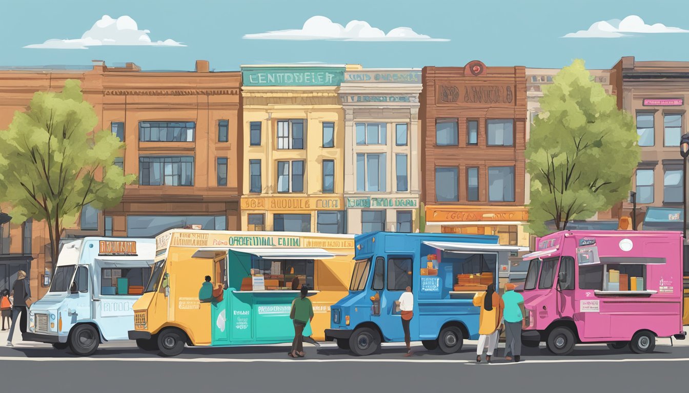 A row of colorful food trucks lined up on a bustling street, with a sign displaying "Operational Guidelines for Food Trucks" in Denver, Colorado