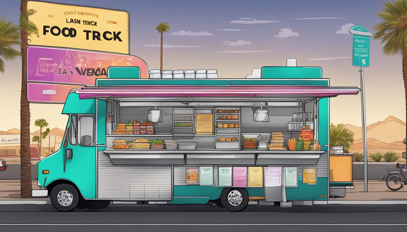 A food truck parked in a designated area with signage displaying food truck laws for North Las Vegas, Nevada