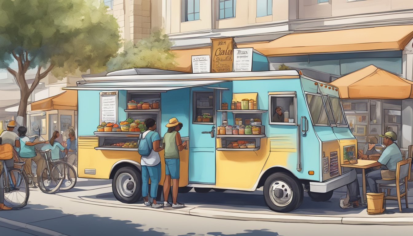 A food truck parked on a city street, surrounded by customers and adhering to Oxnard, California's operational guidelines and laws