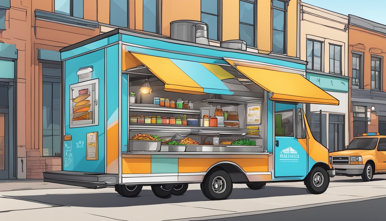 A food truck parked on a city street with a colorful menu board, cooking equipment, and a serving window. Surrounding area includes traffic cones and signage indicating Denver food truck laws