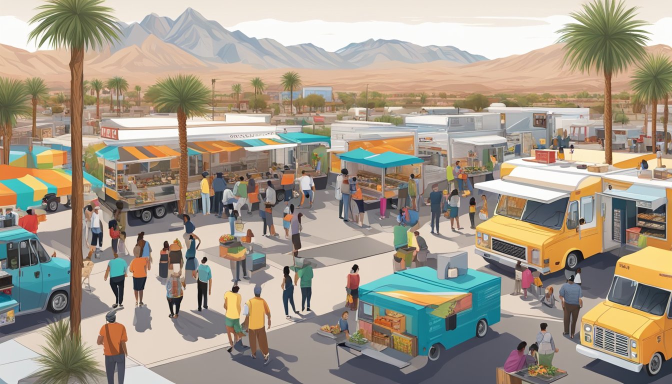 A bustling food truck park in North Las Vegas, Nevada, with diverse vendors and a crowd of engaged locals