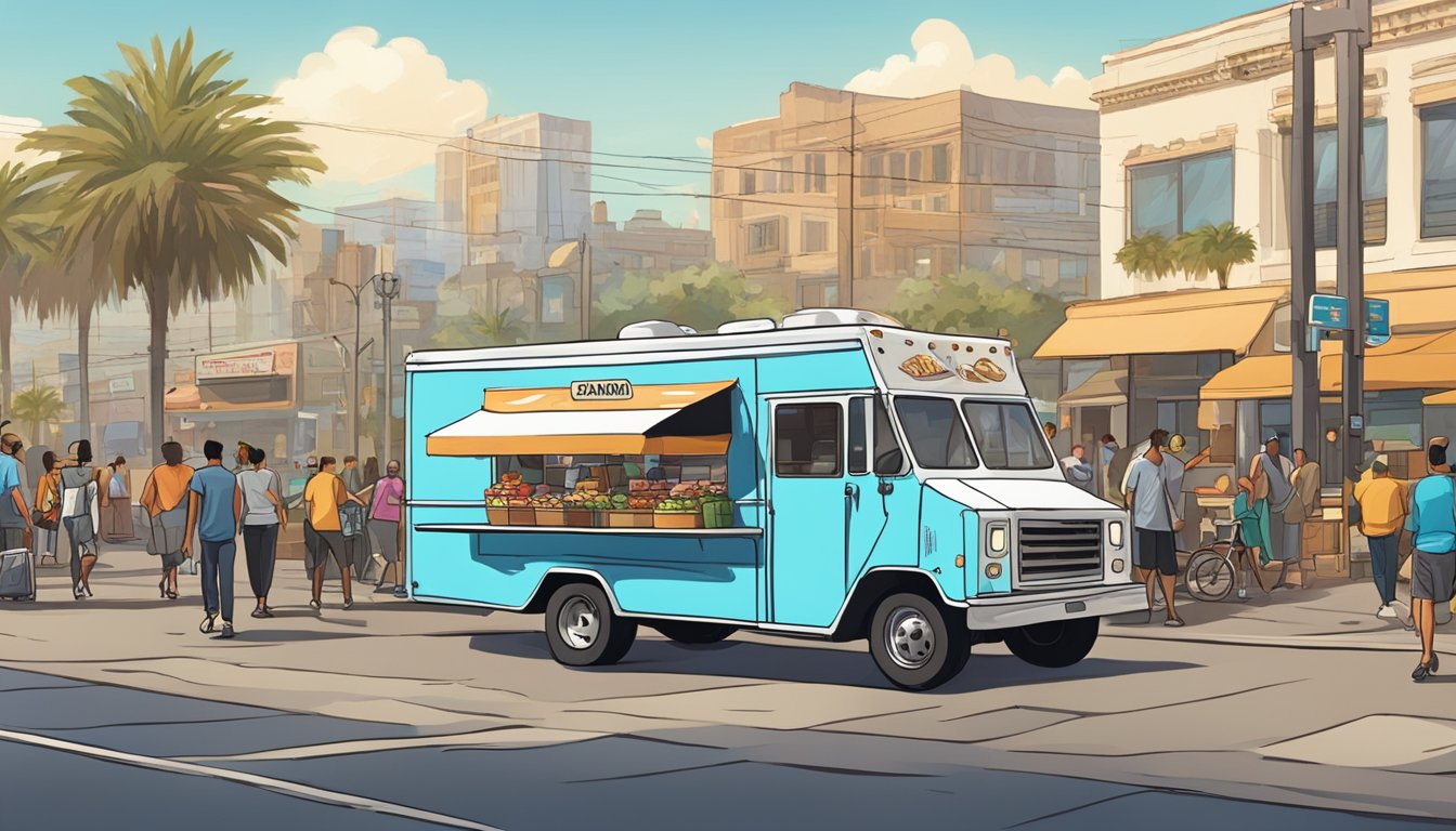 A food truck parked on a bustling street, surrounded by a mix of pedestrians and cars. A sign on the truck displays "Oxnard, California" while a city skyline looms in the background