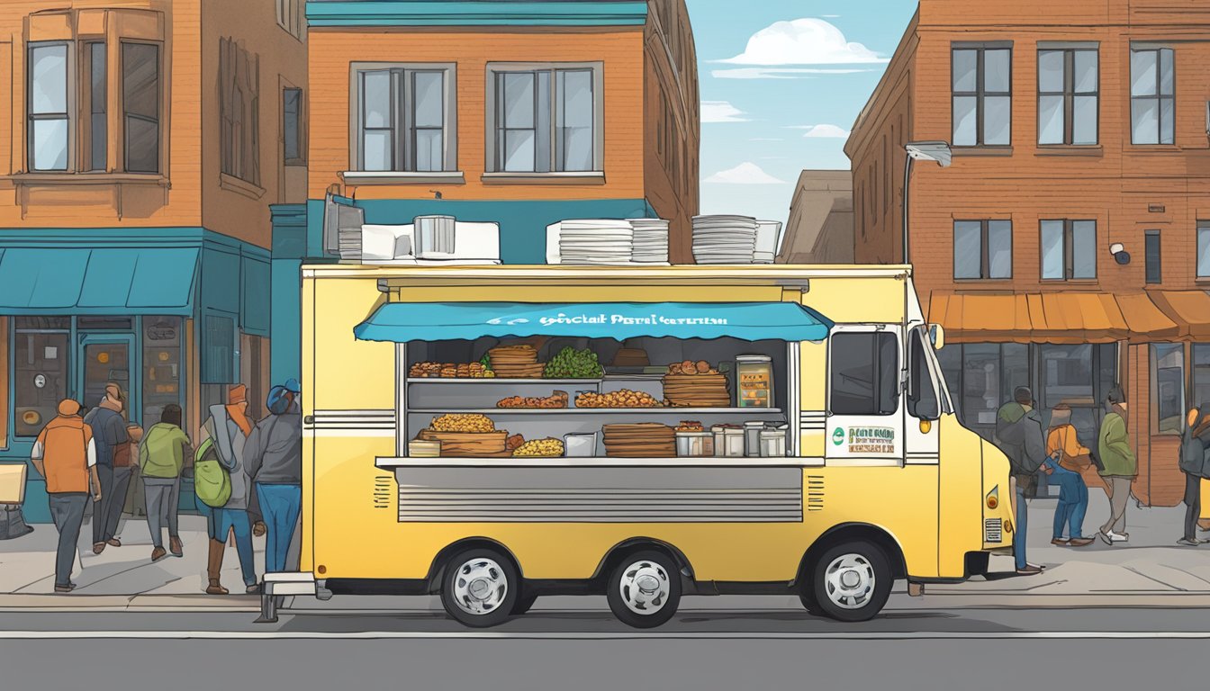 A food truck parked on a bustling Denver street, displaying a "Special Permits" sign. The owner speaks with city officials about navigating partnerships and local laws