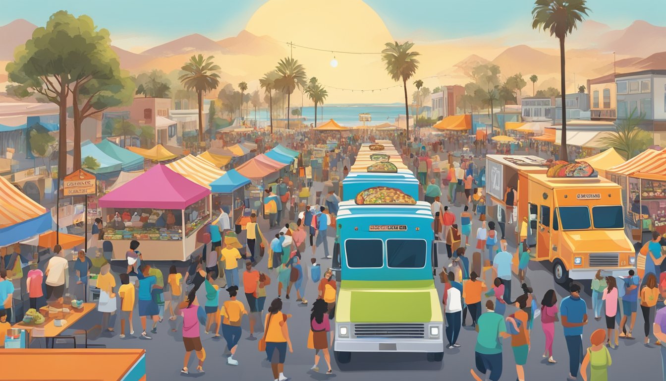 A bustling food truck festival in Oxnard, California, with colorful trucks lining the street, crowds of people sampling diverse cuisines, and vendors discussing marketing and growth strategies