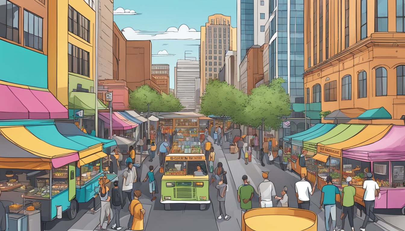 A bustling street in Denver, Colorado, with colorful food trucks lined up, surrounded by eager customers and signage displaying food truck laws and growth strategies