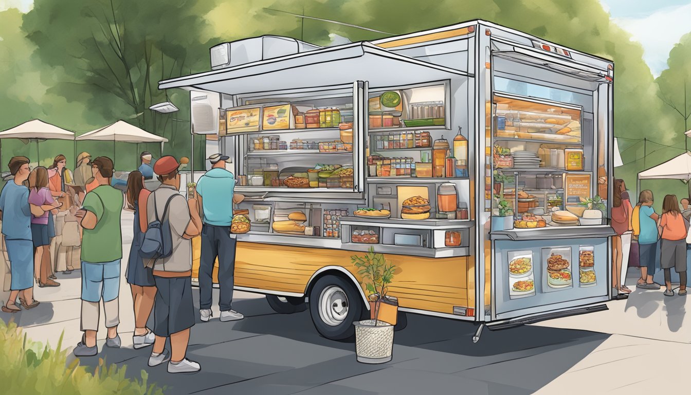 A food truck parked at a bustling outdoor event in Wisconsin, with a clear display of the required permits and licenses prominently displayed