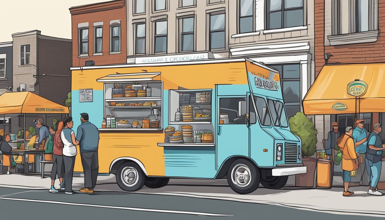 A food truck parked in a bustling Wisconsin city, surrounded by signage displaying various food laws and regulations. Customers line up to order