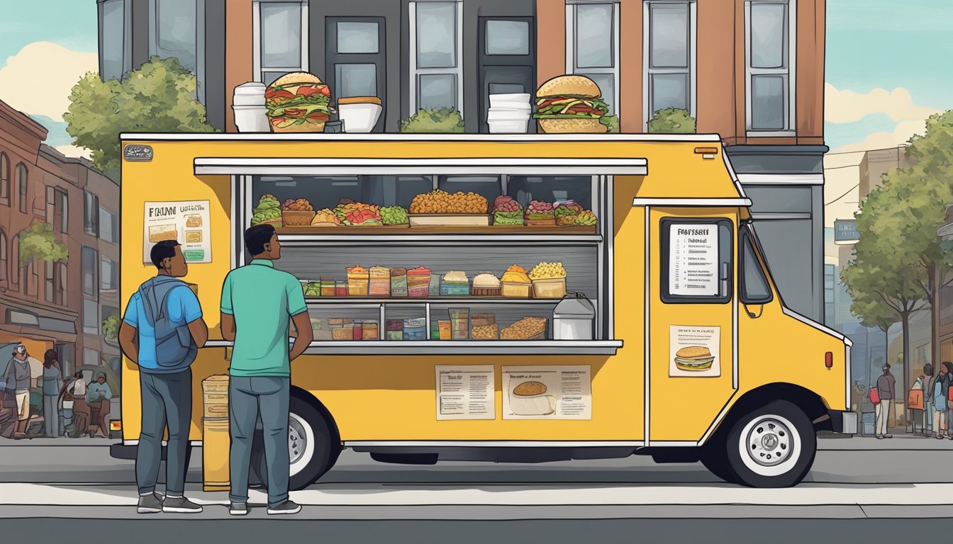 A food truck parked on a city street in Seattle, Washington, with customers lined up and a sign displaying the menu