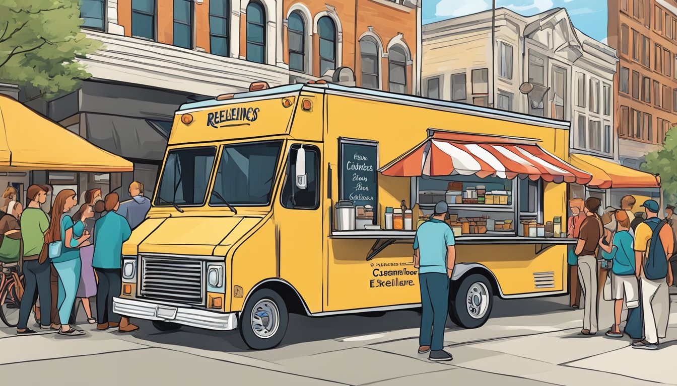 A food truck parked in a bustling Wisconsin city, with a sign displaying "Customer Relations and Service Excellence" prominently. People line up for delicious eats