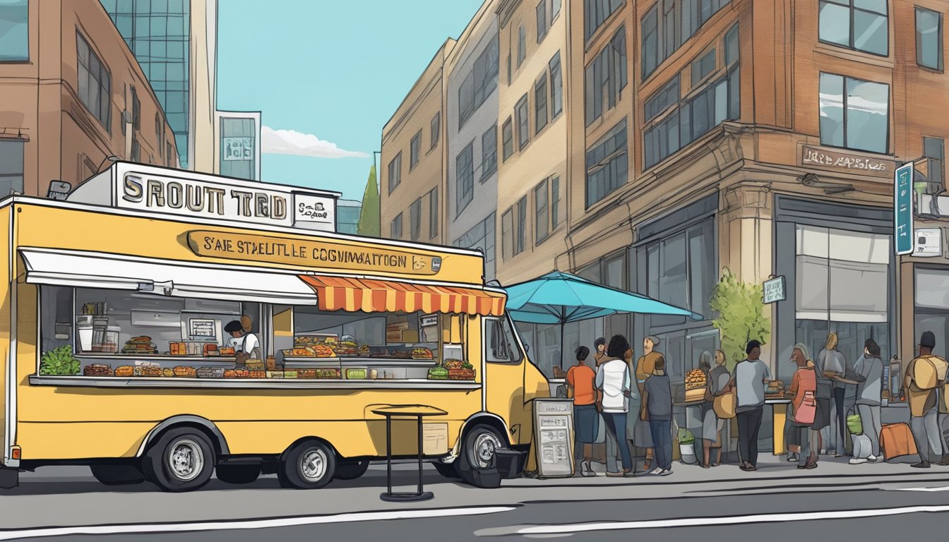 A food truck parked on a city street, surrounded by customers and complying with Seattle's food truck laws and regulations