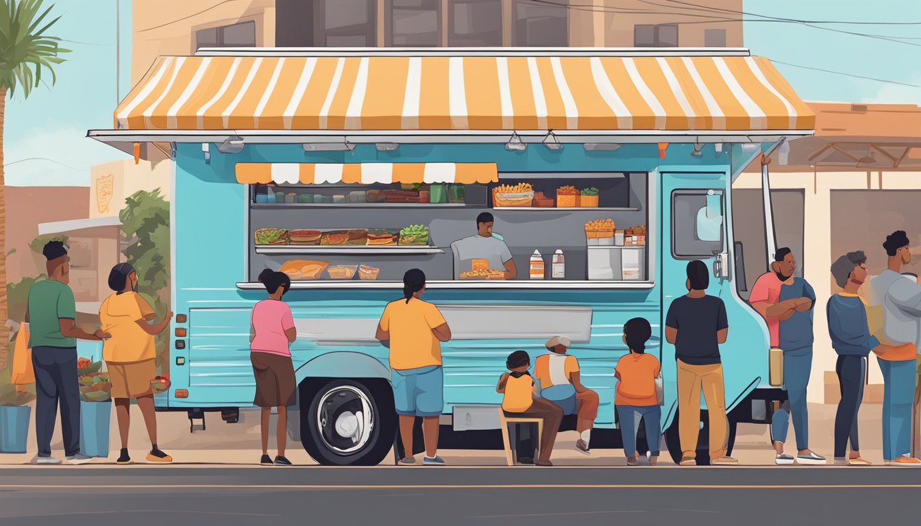 A food truck parked on a busy street in Laredo, Texas, with customers lined up and the owner busy preparing and serving food