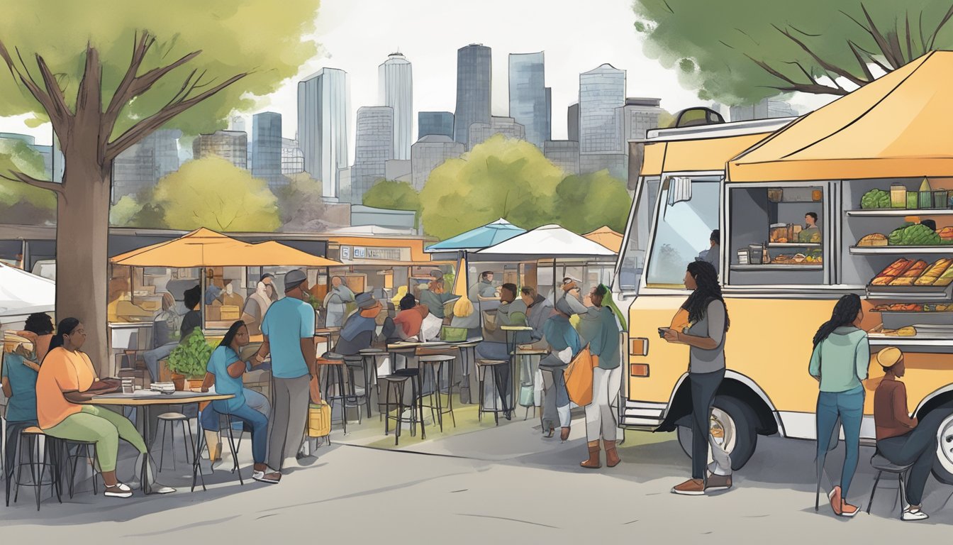 A bustling food truck park in Seattle, Washington, with diverse vendors and engaged community members providing feedback on local food laws