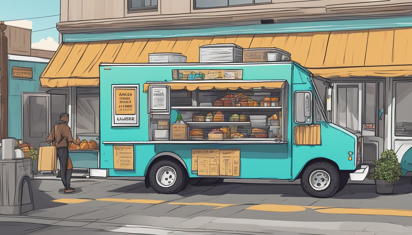 A food truck parked in Laredo, Texas, with clear signage displaying risk management and liability compliance. The vendor is seen following local food truck laws