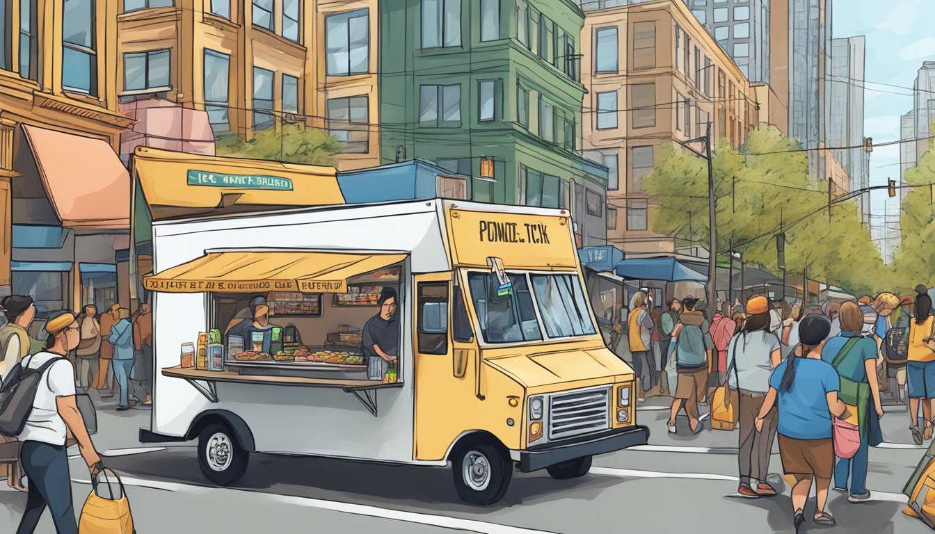 A food truck navigating through Seattle's streets, surrounded by bustling crowds and towering buildings, while adhering to local laws and regulations