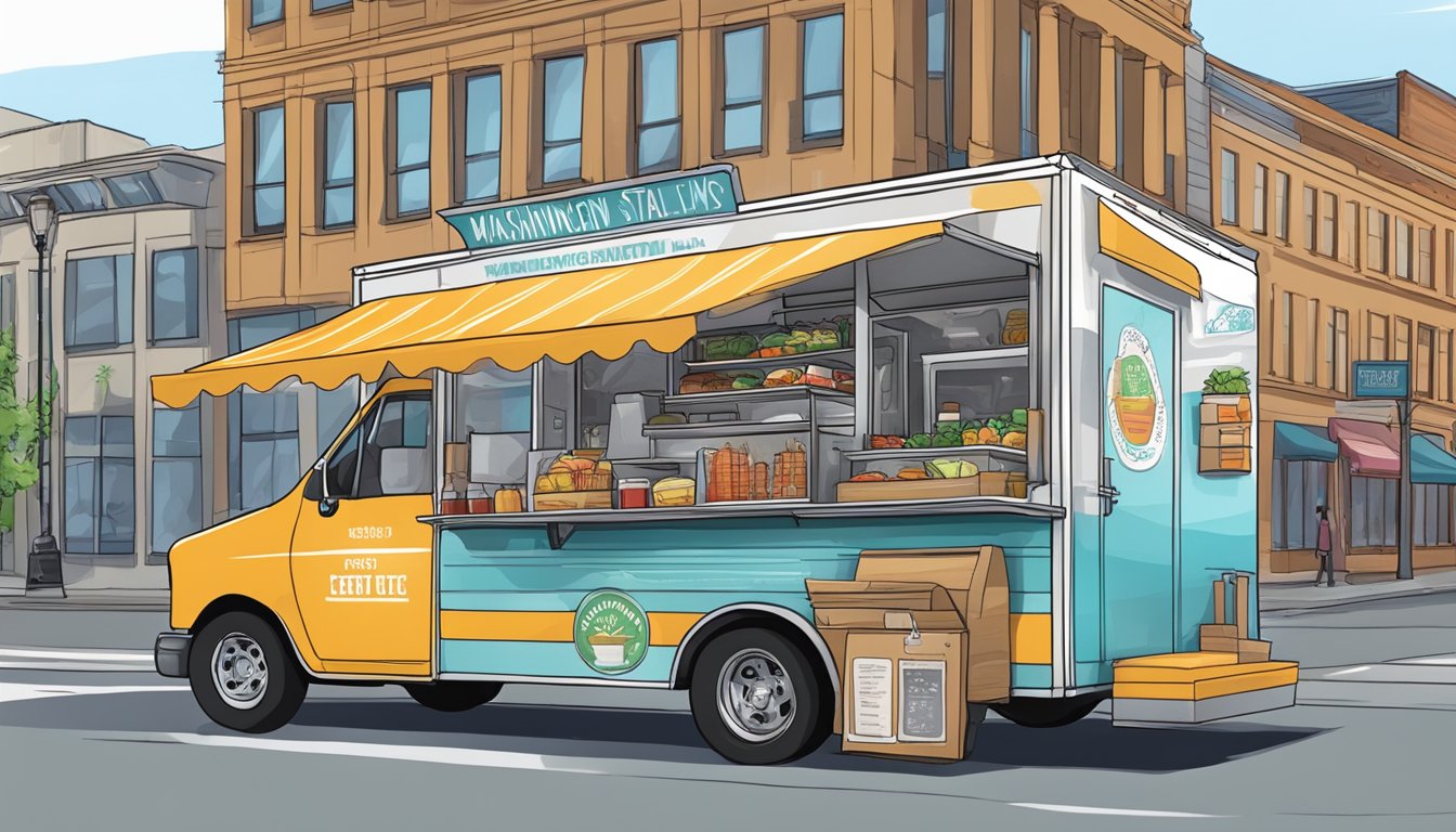 A food truck parked on a city street, surrounded by signage displaying Washington state food truck laws