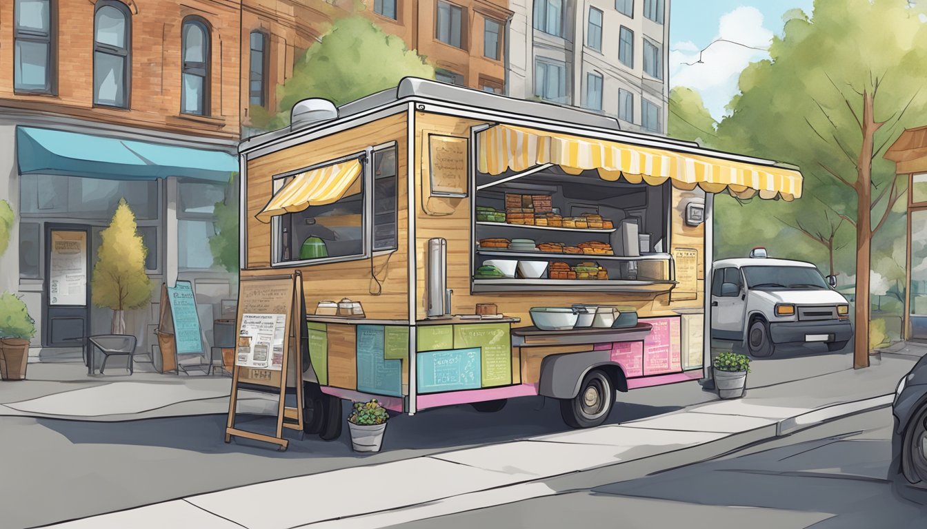 A food truck parked on a city street, with signage displaying Washington state regulations and zoning laws. Nearby, a map of designated food truck locations