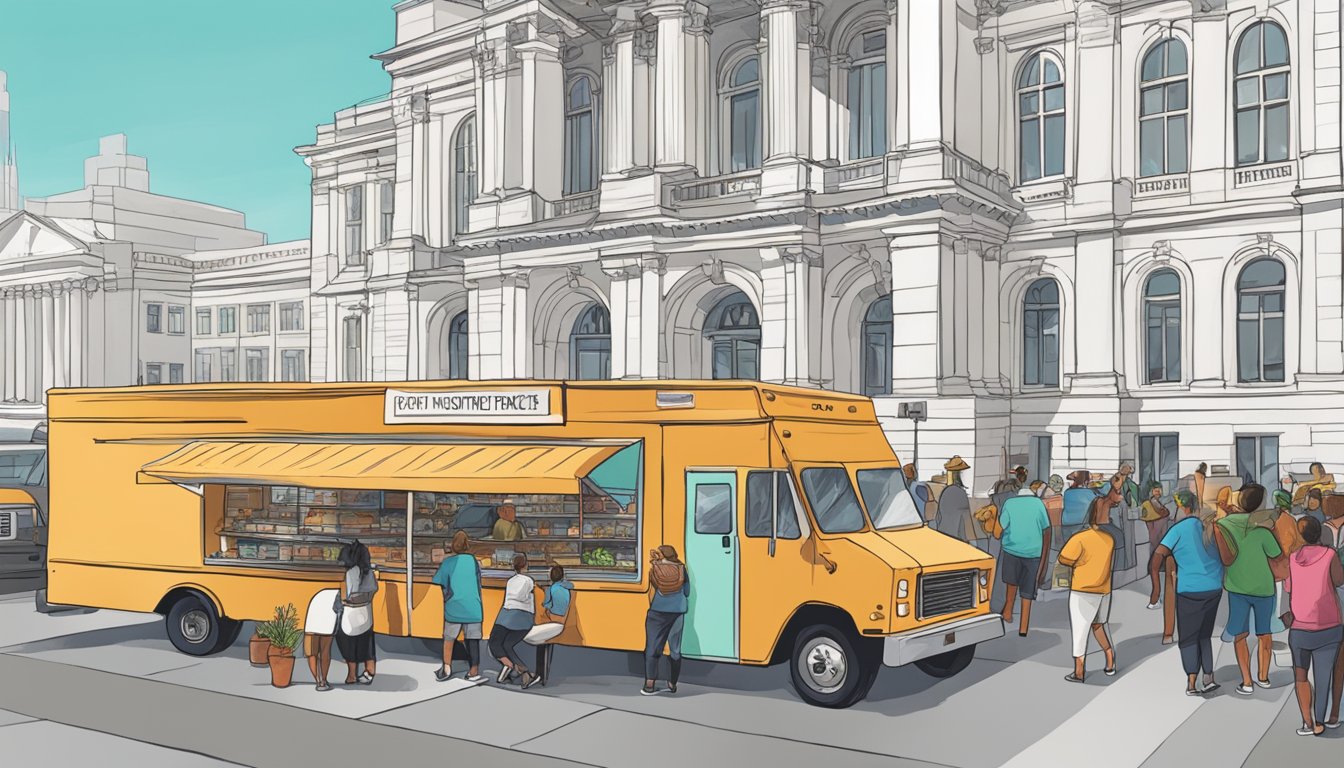 A food truck parked in front of a city hall, surrounded by a group of people discussing Washington's food truck laws