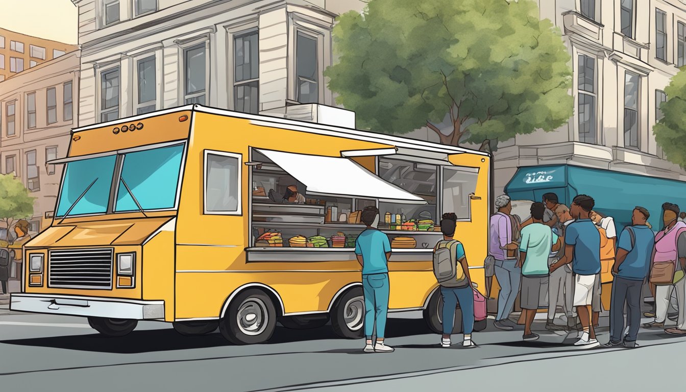 A food truck parked on a city street, surrounded by people waiting in line. A sign on the truck displays "Food Truck Laws in Washington."